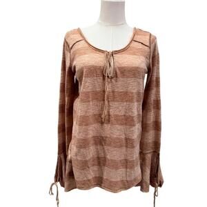 We The Free Mustard Yellow Striped Oversized Peasant Top Bell Sleeves XS Boho